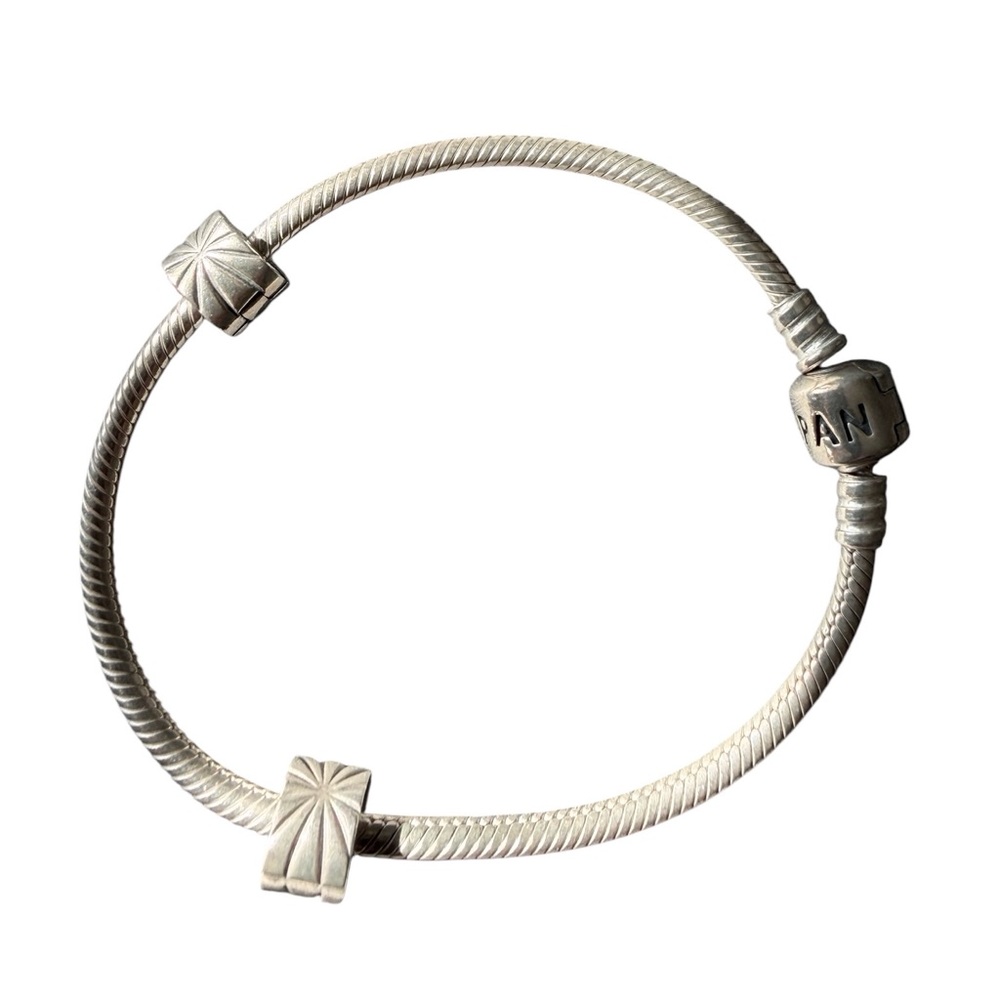 Pandora Sterling Silver Snake Chain Bracelet w Clip Charms Barrel Clasp - Picture 3 of 4